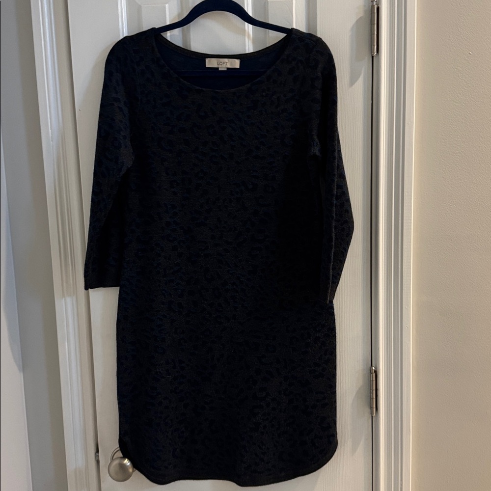 LOFT Charcoal, Navy & Blue Leopard Print Sweater Dress w/ Gray Trim - Picture 2 of 10
